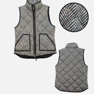 J Crew Gray Herringbone Full Zip Sleeveless  Quilted Down Puffer Vest - EUC